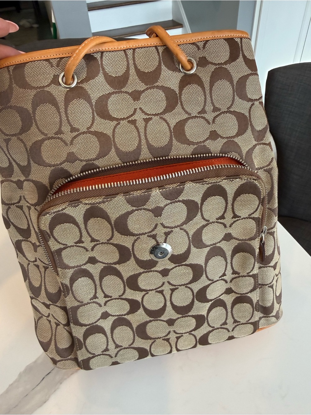 Coach Signature Canvas & Leather Backpack | Brown/Tan | Orange Interior - Picture 8 of 8